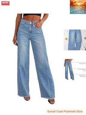 Wide Leg High Rise Raw Hem Stretch Denim Jeans Women